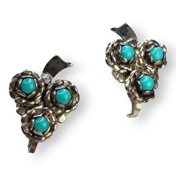 Jewelry - Vintage Screwback Earrings Sterling Silver 925 OS Turquoise Flower Leaf Blue